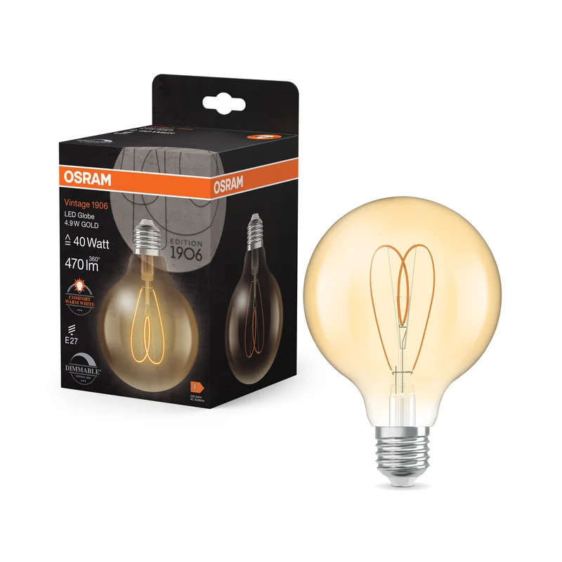 OSRAM Vintage 1906 Globe LED-Lampe Or, 4.9W, 470lm, 95mm, Blanc chaud confortable, E27