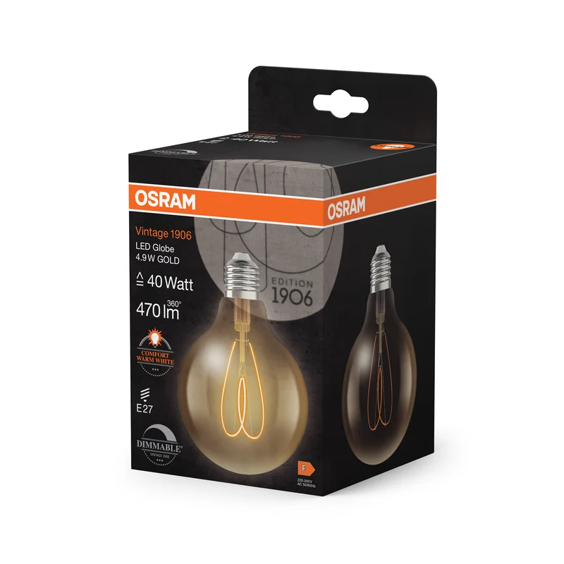 OSRAM Vintage 1906 Globe LED-Lampe Or, 4.9W, 470lm, 95mm, Blanc chaud confortable, E27