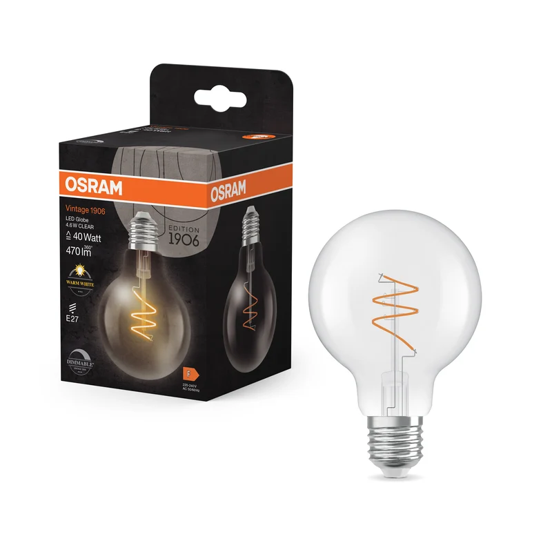 OSRAM Vintage 1906 Globe LED-Lampe Clair, 4.6W, 470lm, E27, Blanc chaud