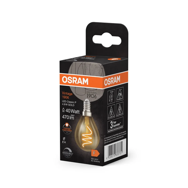 OSRAM Vintage 1906 Classique LED-Lampe Or, 4.9W, 470lm, E14, Blanc chaud confortable