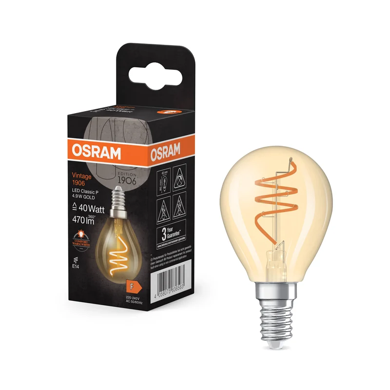 OSRAM Vintage 1906 Classique LED-Lampe Or, 4.9W, 470lm, 45mm, Confort blanc chaud, E14