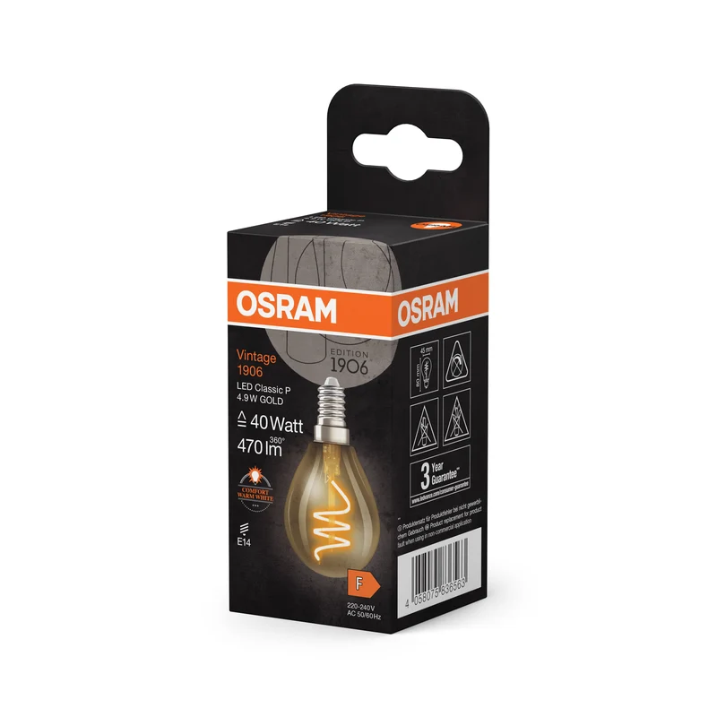 OSRAM Vintage 1906 Classique LED-Lampe Or, 4.9W, 470lm, 45mm, Confort blanc chaud, E14