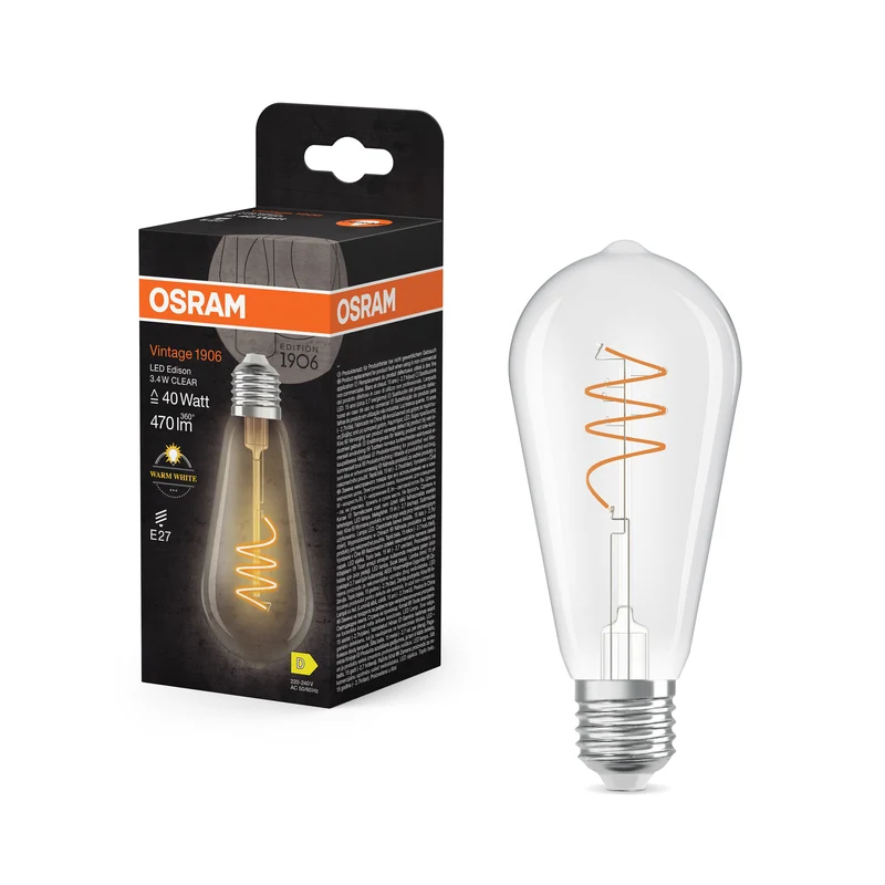 OSRAM Vintage 1906 Edison LED-Lampe Clair, 3.4W, 470lm, E27, Blanc chaud
