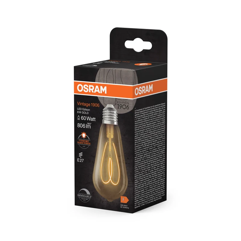 OSRAM Vintage 1906 Edison LED-Lampe Or, 8W, 806lm, E27, Blanc chaud confortable
