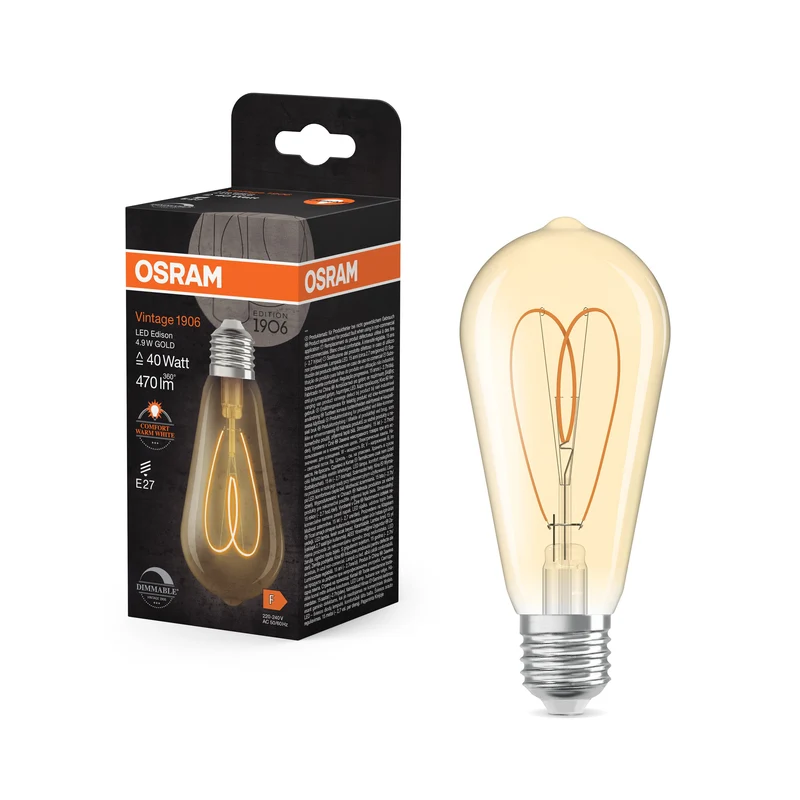 OSRAM Vintage 1906 Edison LED-Lampe Or, 4.9W, 470lm, E27, Blanc chaud confortable
