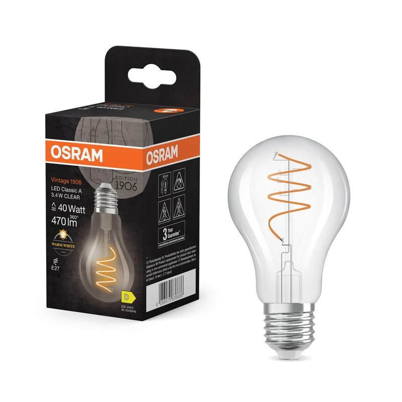 OSRAM Vintage 1906 Classique LED-Lampe Clair, 3.4W, 470lm, E27, Blanc chaud