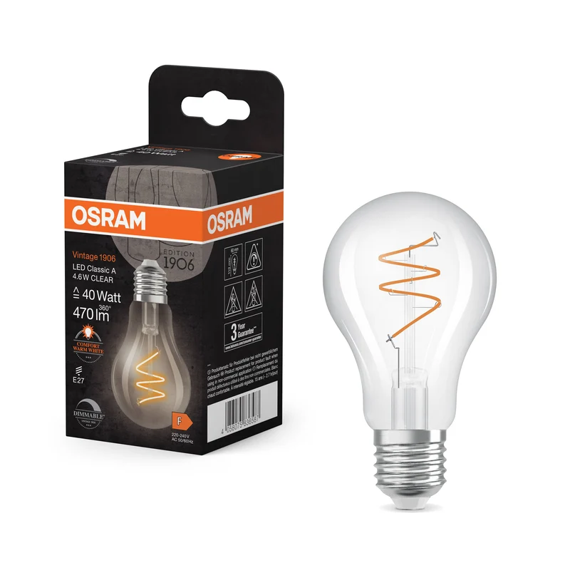 OSRAM Vintage 1906 Classique LED-Lampe Clair, 4.6W, 470lm, E27, Confort blanc chaud