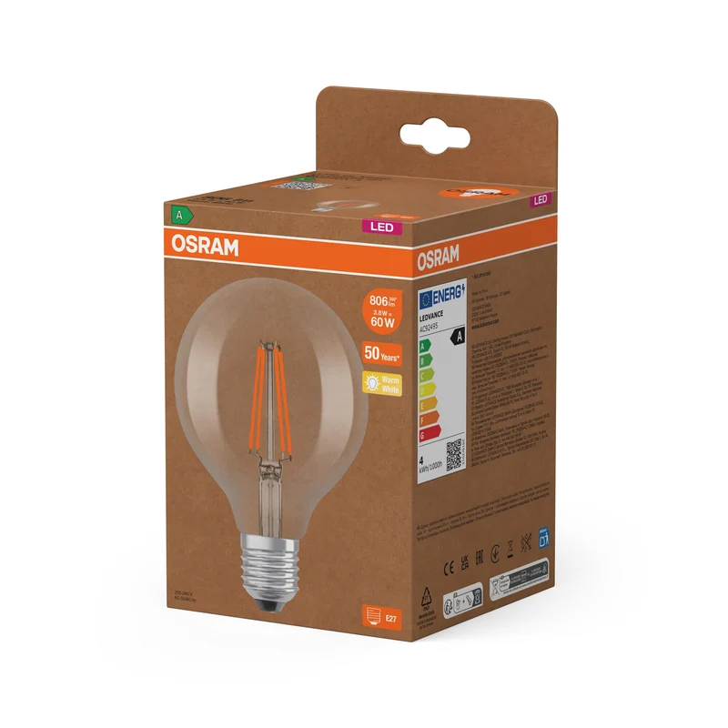OSRAM LED Classique Lampe, Forme de balle, Claire, 3.8W, 806lm, E27, Blanc chaud