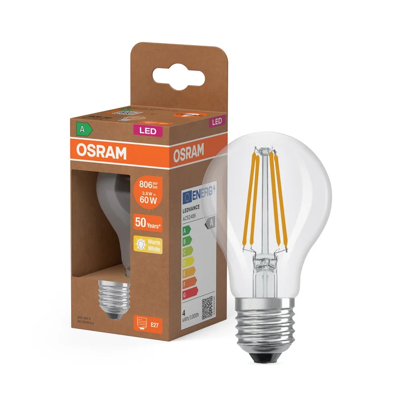 OSRAM LED Classic Lampe, forme ampoule, claire, 3.8W, 806lm, E27, blanc chaud