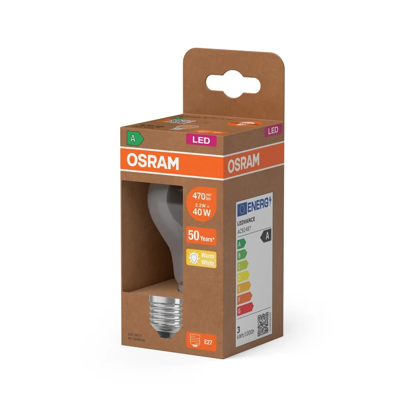 OSRAM LED Classic Lampe, forme ampoule, clair, 2.2W, 470lm, E27, blanc chaud