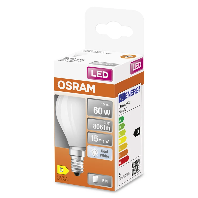 OSRAM LED Star Classic Lampe, Miniball, 5.5W, 806lm, Givré, Blanc froid, E14