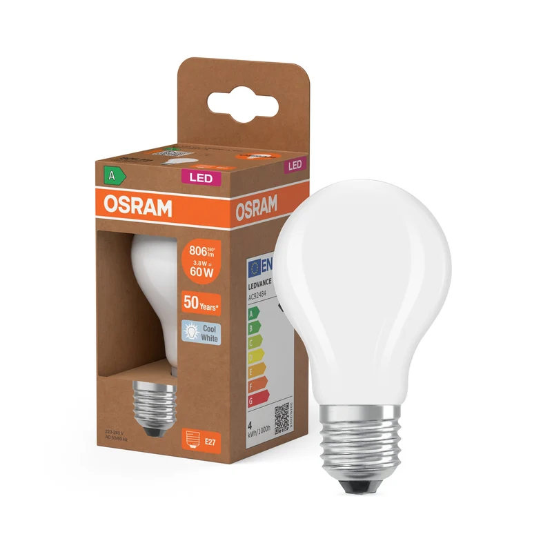 OSRAM Lampe LED haute efficacité Classic A60, 3.8W, 840, E27, Blanc froid
