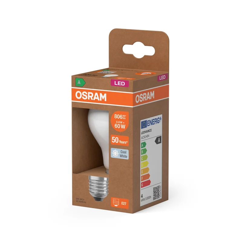 OSRAM Lampe LED haute efficacité Classic A60, 3.8W, 840, E27, Blanc froid