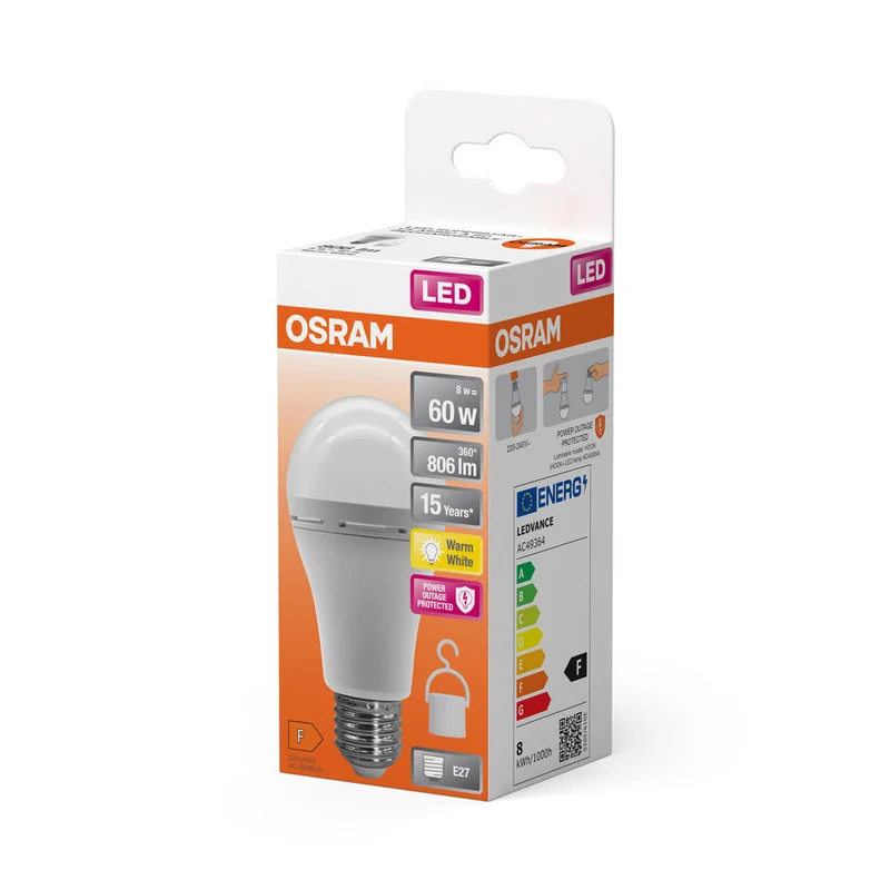 OSRAM LED Classic A 60 Lampe de camping / lumière de secours avec batterie rechargeable intégrée (ex 60W) 8W blanc chaud E27