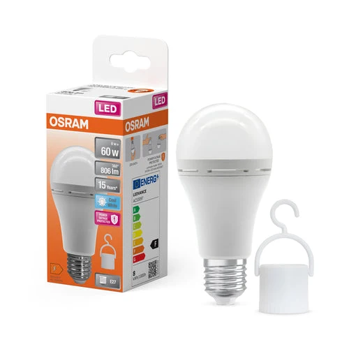 OSRAM LED Classic A 60 Lampe de camping / lumière de secours avec batterie rechargeable intégrée (ex 60W) 8W blanc froid E27