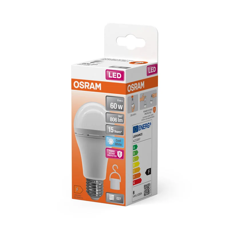 OSRAM LED Classic A 60 Lampe de camping / lumière de secours avec batterie rechargeable intégrée (ex 60W) 8W blanc froid E27