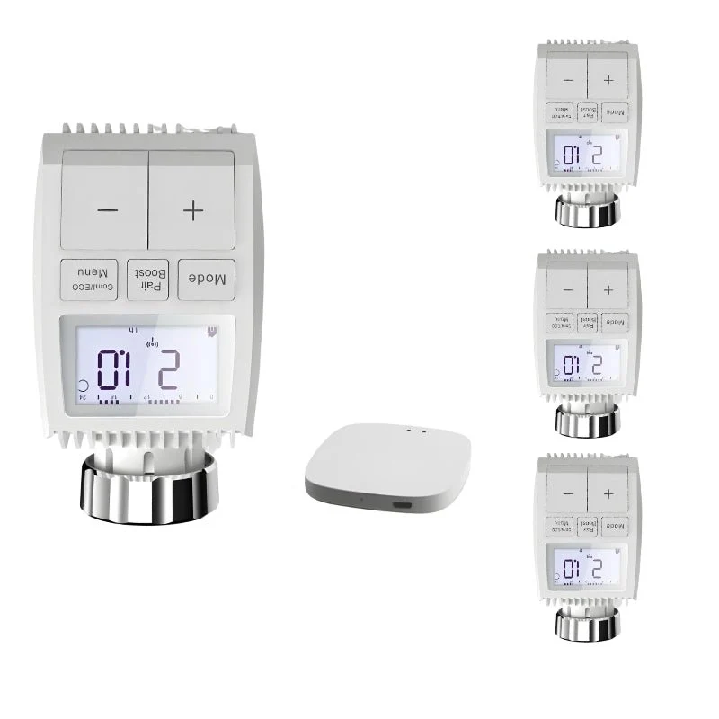 Kit de 4 Têtes Thermostatiques Connectées Universelle avec Ecran LCD + Passerelle ZigBee