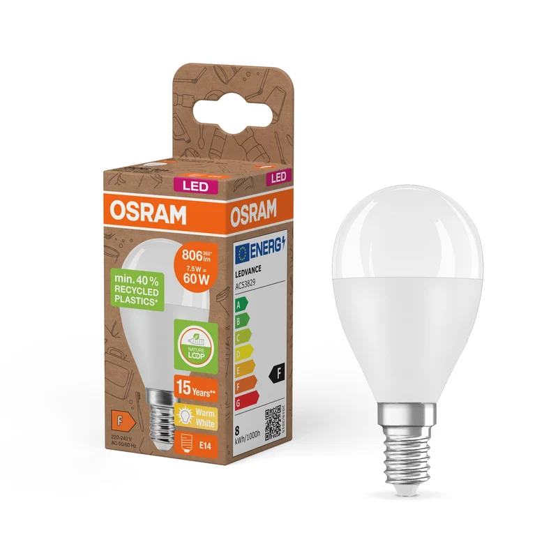 OSRAM LED Star Classic P 60 lampe Recycled Plastic 7.5W blanc chaud Frosted E14