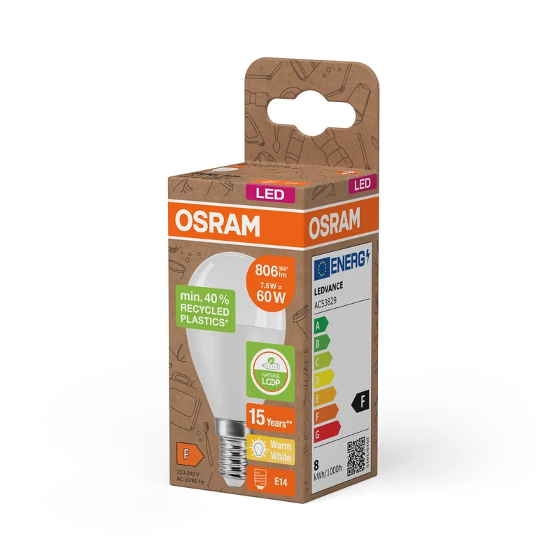 OSRAM LED Star Classic P 60 lampe Recycled Plastic 7.5W blanc chaud Frosted E14
