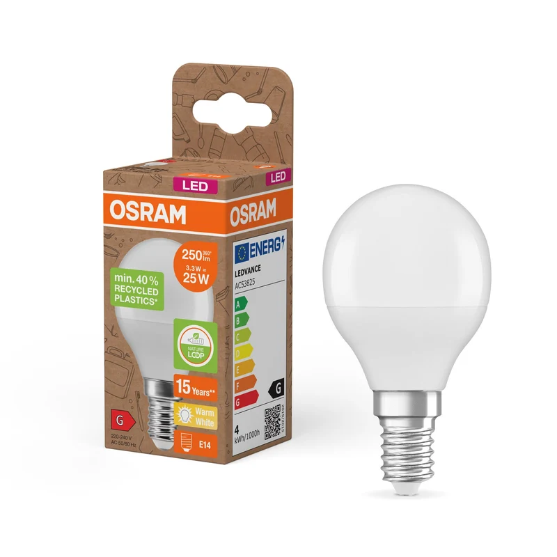 OSRAM LED Star Classic P 25 lampe Recycled Plastic 3.3W blanc chaud Frosted E14