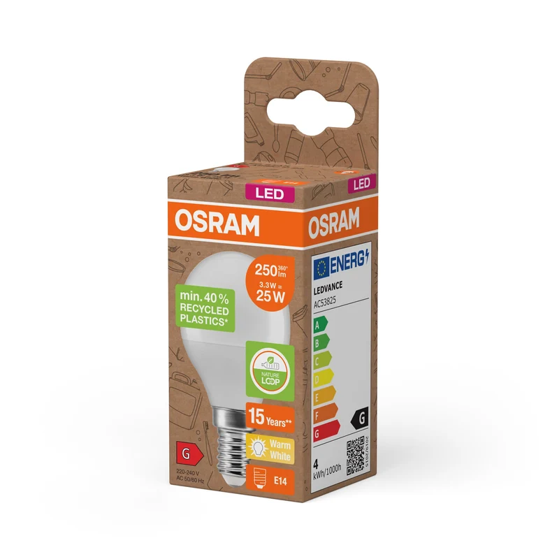 OSRAM LED Star Classic P 25 lampe Recycled Plastic 3.3W blanc chaud Frosted E14