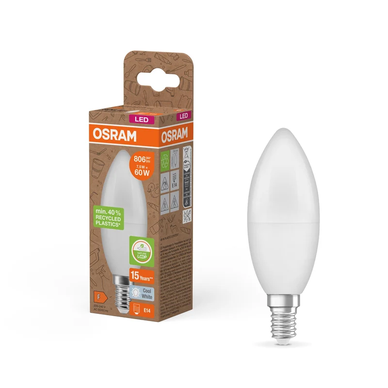 OSRAM LED Star Classic B 60 lampe Recycled Plastic 7.5W blanc froid Frosted E14
