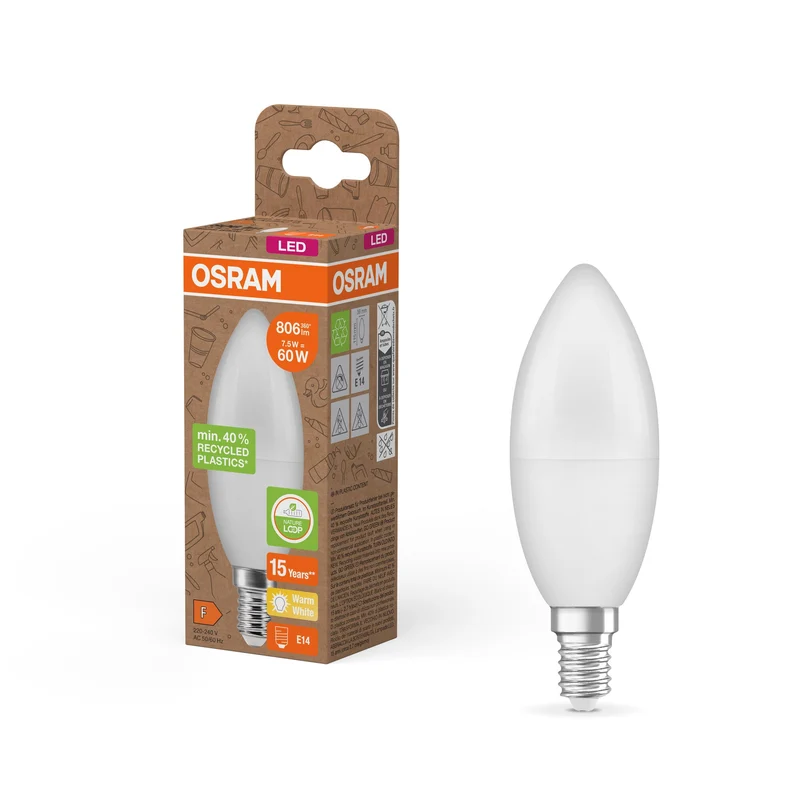 OSRAM LED Star Classic B 60 lampe Recycled Plastic 7.5W blanc chaud Frosted E14