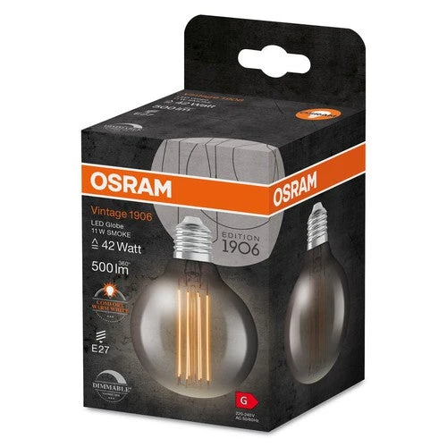 OSRAM Ampoules LED à intensité variable, édition vintage, remplacement de 42 watts, E27, G80, 1800 Kelvin, lumière chaude confortable, verre transparent, pack simple