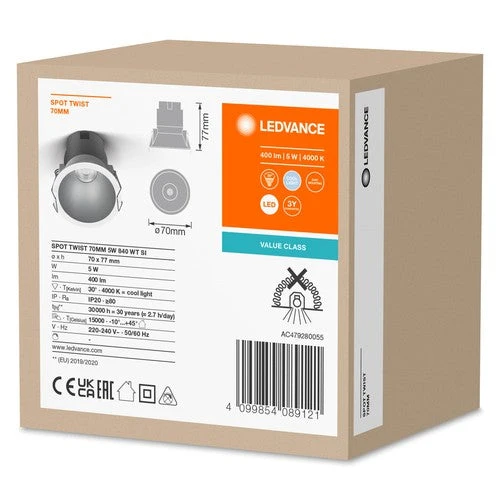 LEDVANCE SPOT TWIST Ø 70mm Downlight, argent, 5W, 400lm, 840 WT