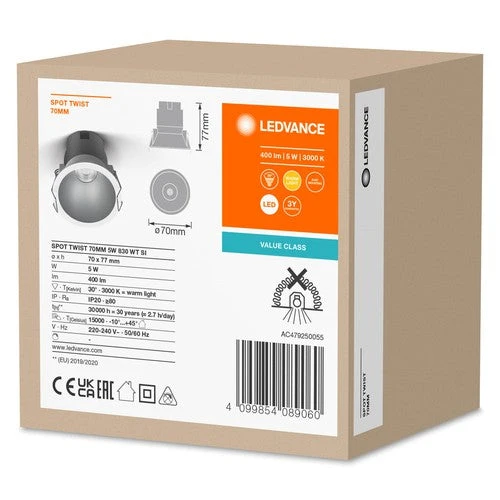 LEDVANCE SPOT TWIST Ø 70mm Downlight, argent, 5W, 400lm, 830 WT