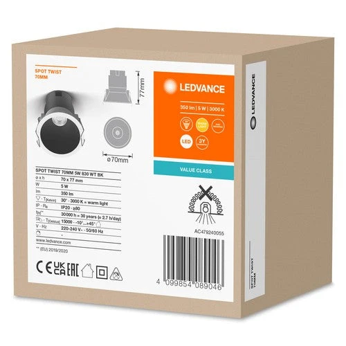 LEDVANCE SPOT TWIST Ø 70mm Downlight, noir, 5W, 400lm, 830 WT