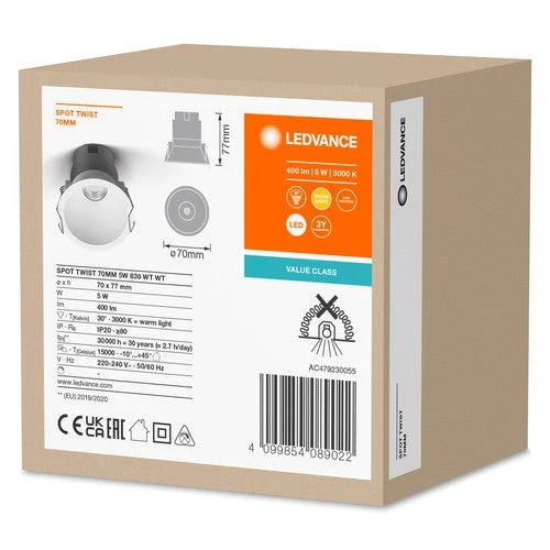 LEDVANCE SPOT TWIST Downlight Ø 70mm, blanc, 5W, 400lm, 830 WT