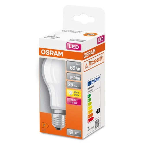 OSRAM ampoules LED, forme classique en ampoule, 12V-36V, remplacement 65 watts, E27, forme A, 2700 Kelvin, blanc chaud, mat, paquet simple