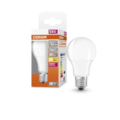 OSRAM ampoules LED, forme classique en ampoule, 12V-36V, remplacement 45 watts, E27, forme A, 2700 Kelvin, blanc chaud, mat, paquet simple