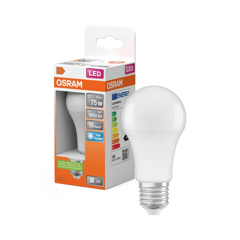 Ampoules LED OSRAM, forme classique d'ampoule, remplacement de 75 watts, E27, A-shape, 6500 Kelvin, lumière du jour froide, mat, single pack