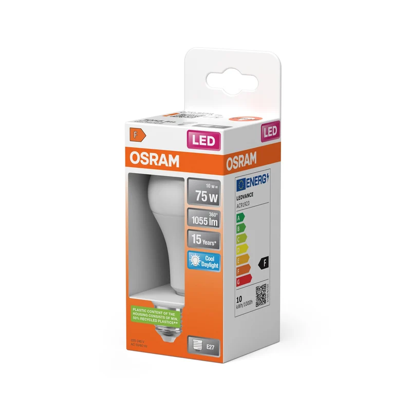 Ampoules LED OSRAM, forme classique d'ampoule, remplacement de 75 watts, E27, A-shape, 6500 Kelvin, lumière du jour froide, mat, single pack