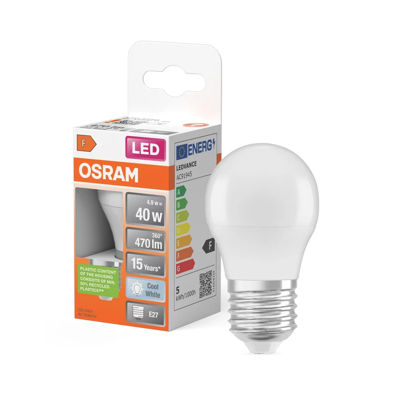 Ampoules LED OSRAM, forme classique de mini-boule, remplacement de 40 watts, E27, P-shape, 4000 Kelvin, blanc froid, mat, single pack