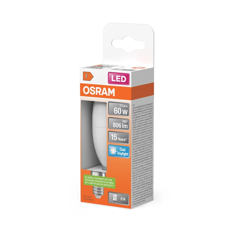 Ampoules LED OSRAM, forme classique de mini bougie, remplacement de 60 watts, E14, B-shape, 6500 Kelvin, lumière du jour froide, mates