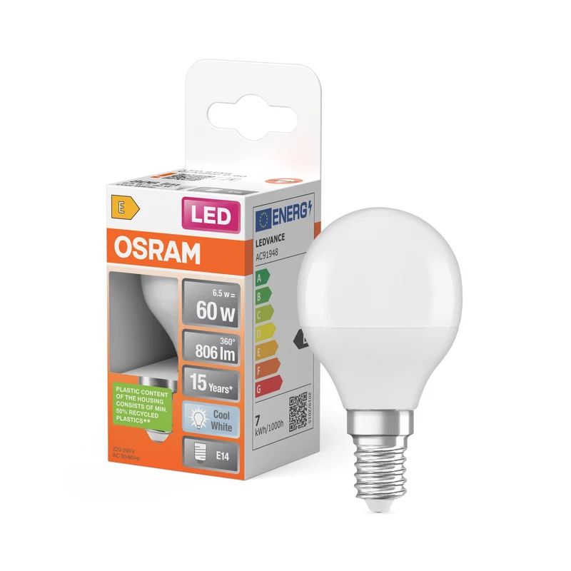 Ampoules LED OSRAM, forme classique de mini-boule, remplacement de 60 watts, E14, P-shape, 4000 Kelvin, blanc froid, mat