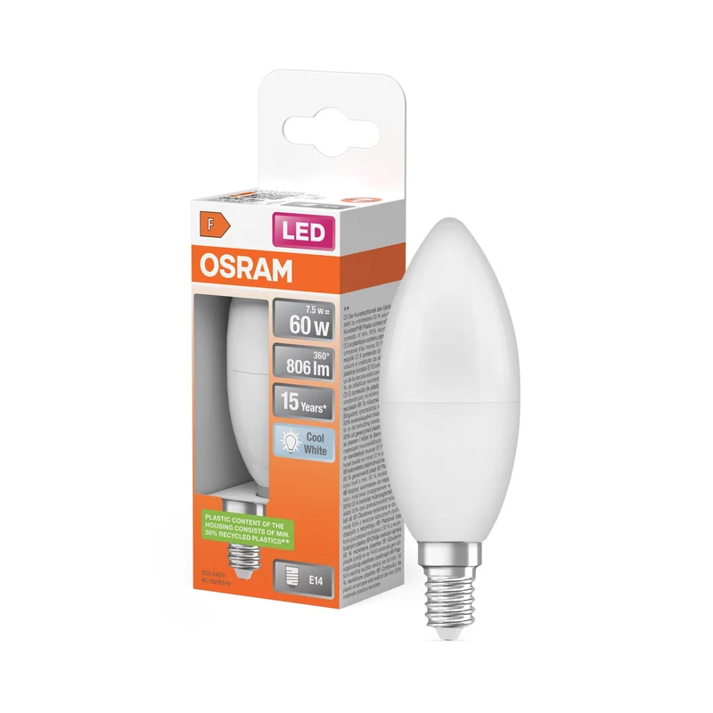 Ampoules LED OSRAM, forme classique de mini bougie, remplacement de 60 watts, E14, B-shape, 4000 Kelvin, blanc froid, mat