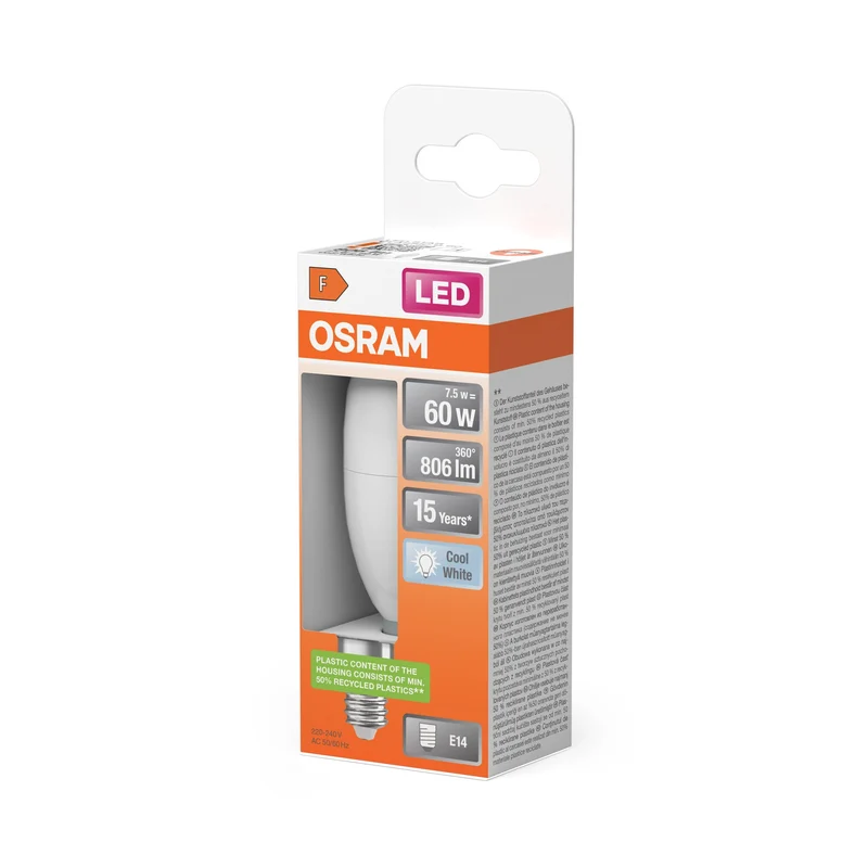 Ampoules LED OSRAM, forme classique de mini bougie, remplacement de 60 watts, E14, B-shape, 4000 Kelvin, blanc froid, mat