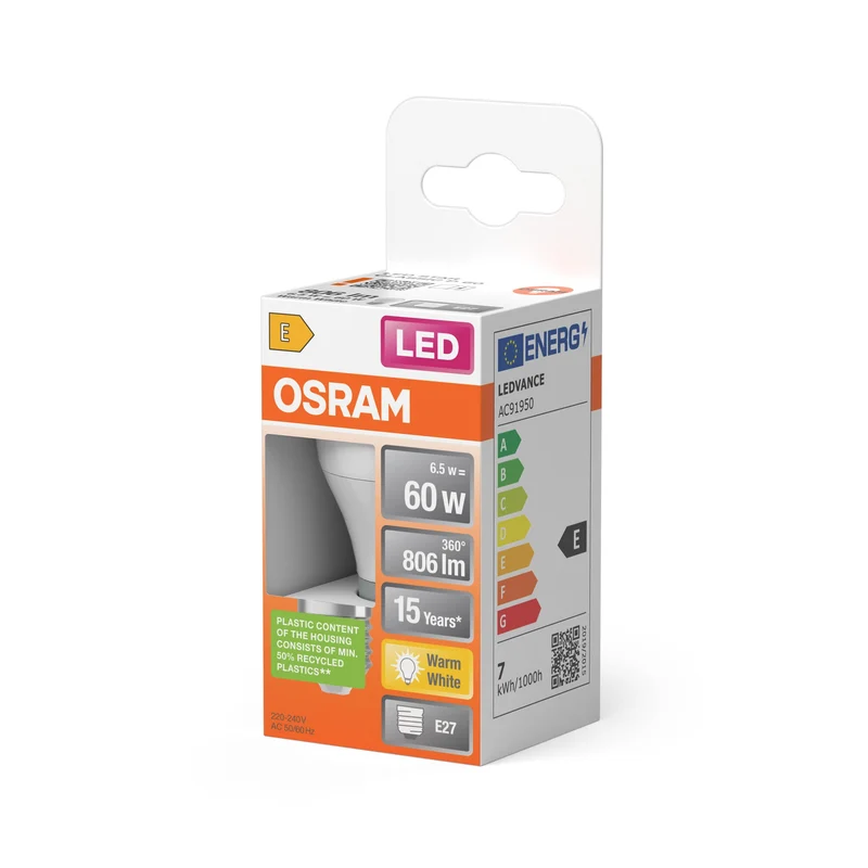 Lampes LED OSRAM, forme mini boule classique, remplacement 60 watts, E27, forme P, 2700 Kelvin, blanc chaud, mat, paquet individuel