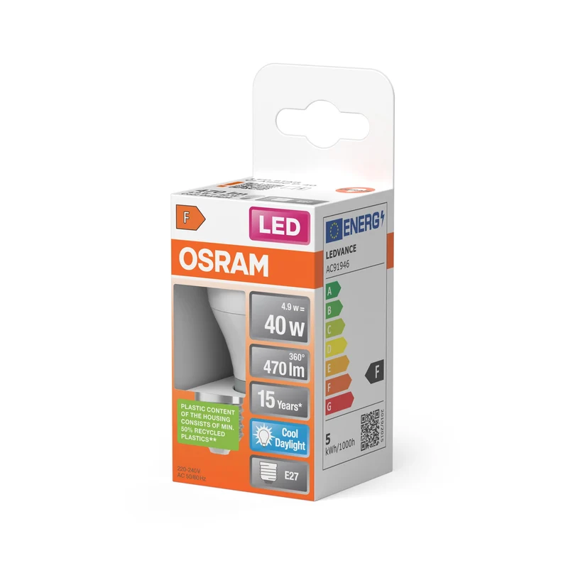 Lampes LED OSRAM, forme mini boule classique, remplacement 40 watts, E27, forme P, 6500 Kelvin, lumière du jour froide, mate, paquet individuel