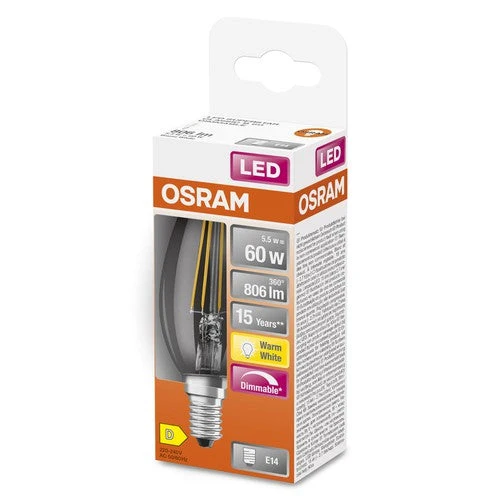 OSRAM Lampes LED à intensité variable, forme classique d'ampoule, remplacement de 60 watts, E14, B-shape, 2700 Kelvin, blanc chaud, verre transparent