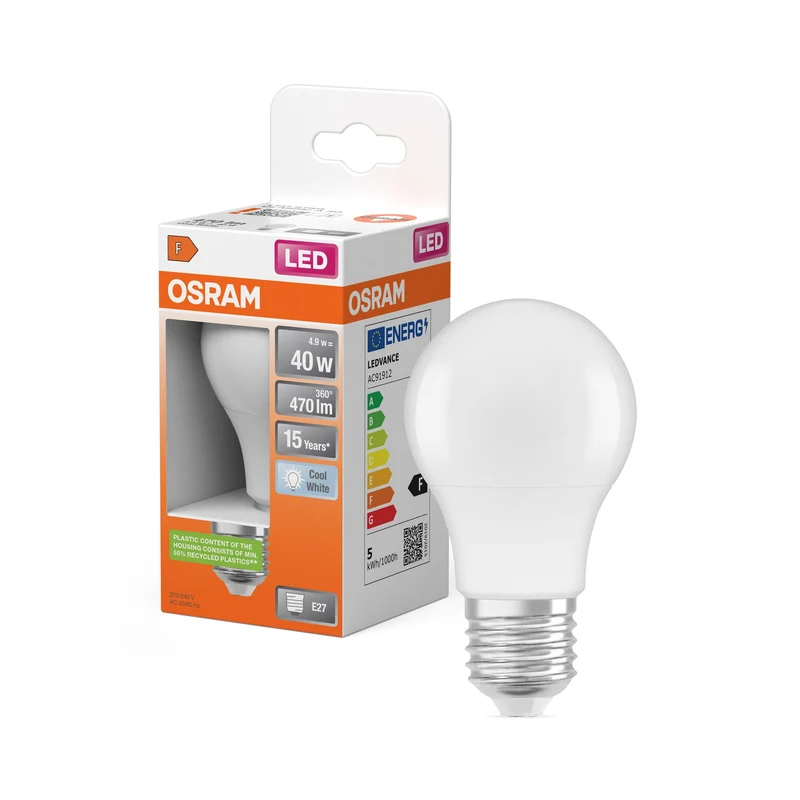 Ampoules LED OSRAM, forme classique d'ampoule, remplacement de 40 watts, E27, A-shape, 4000 Kelvin, blanc froid, mat, single Pack