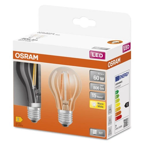 Ampoules LED OSRAM, forme classique en ampoule, remplacement de 60 watts, E27, A-shape, 2700 Kelvin, blanc chaud, verre transparent, pack de 2