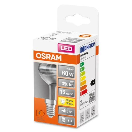 OSRAM Ampoules LED à réflecteur R50 avec culot à vis Retrofit, remplacement de 60 watts, E14, R50-shape, 2700 Kelvin, blanc chaud, verre transparent, single Pack