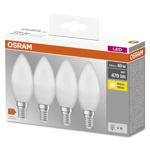 OSRAM LED Base Lampe LED forme bougie mate (ex 40W) 5,5W / 2700K blanc chaud E14 pack de 4