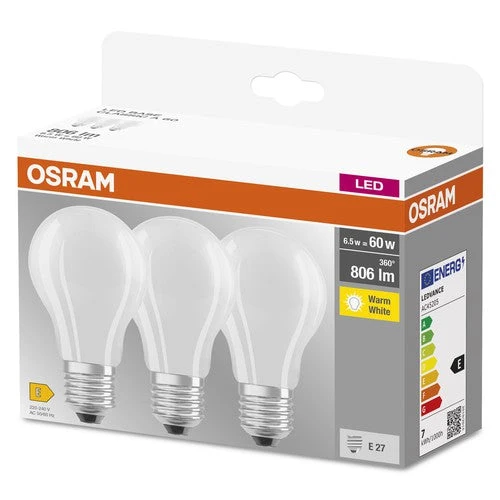 OSRAM LED Base Classic A Lampe LED mate (ex 60W) 7W / 2700K blanc chaud E27 paquet de 3, E27