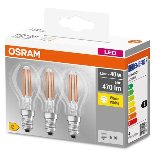 OSRAM LED Base Classic LED Lampe (ex 40W) 4W / 2700K Pack de 3 E14, Blanc chaud